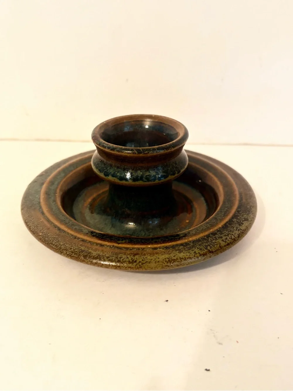 Vintage Dysart Studio Art Pottery Taper Candle Holder Blue & Brown Glaze Signed